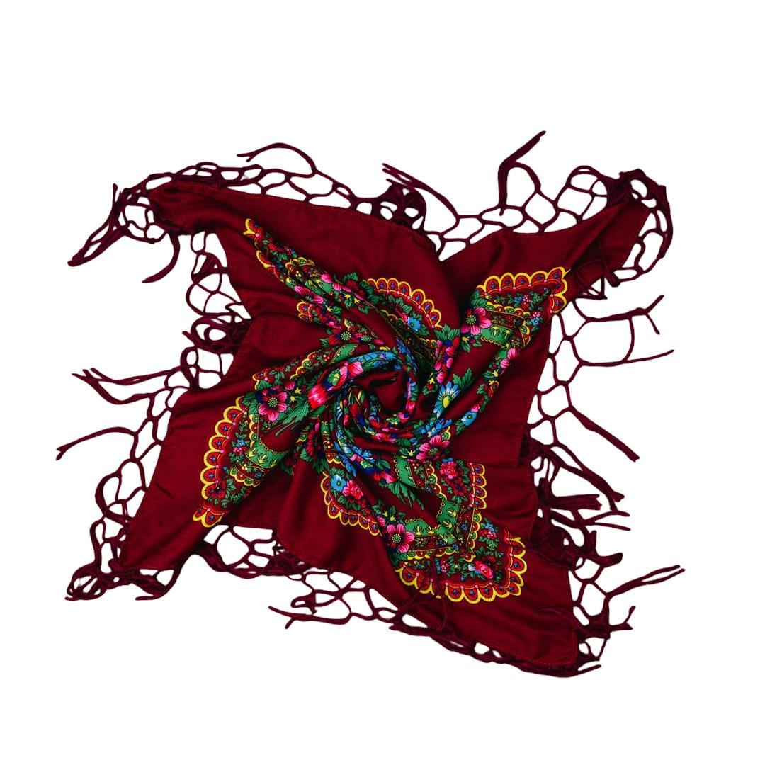 Folk Scarf with Poland Traditional Folklore Designs, Neck Headband, Fringes, Souvenir from Poland