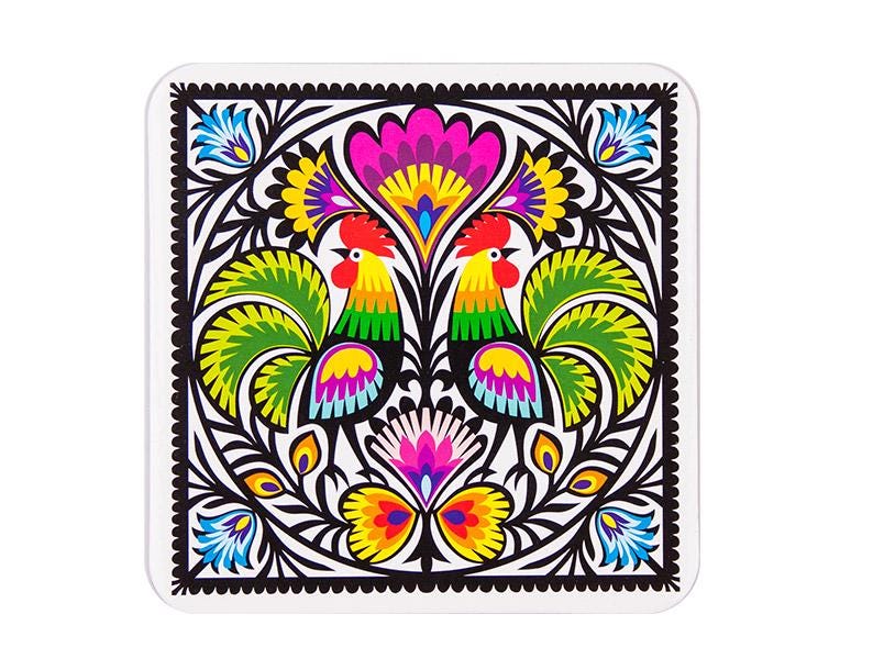 Floral Cork Pads Tea Coffee Coasters with Poland Folk Art Designs Table Decorations from Poland - Set of 4