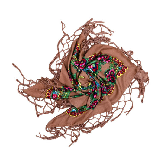 Folk Scarf with Poland Traditional Folklore Designs, Neck Headband, Fringes, Souvenir from Poland