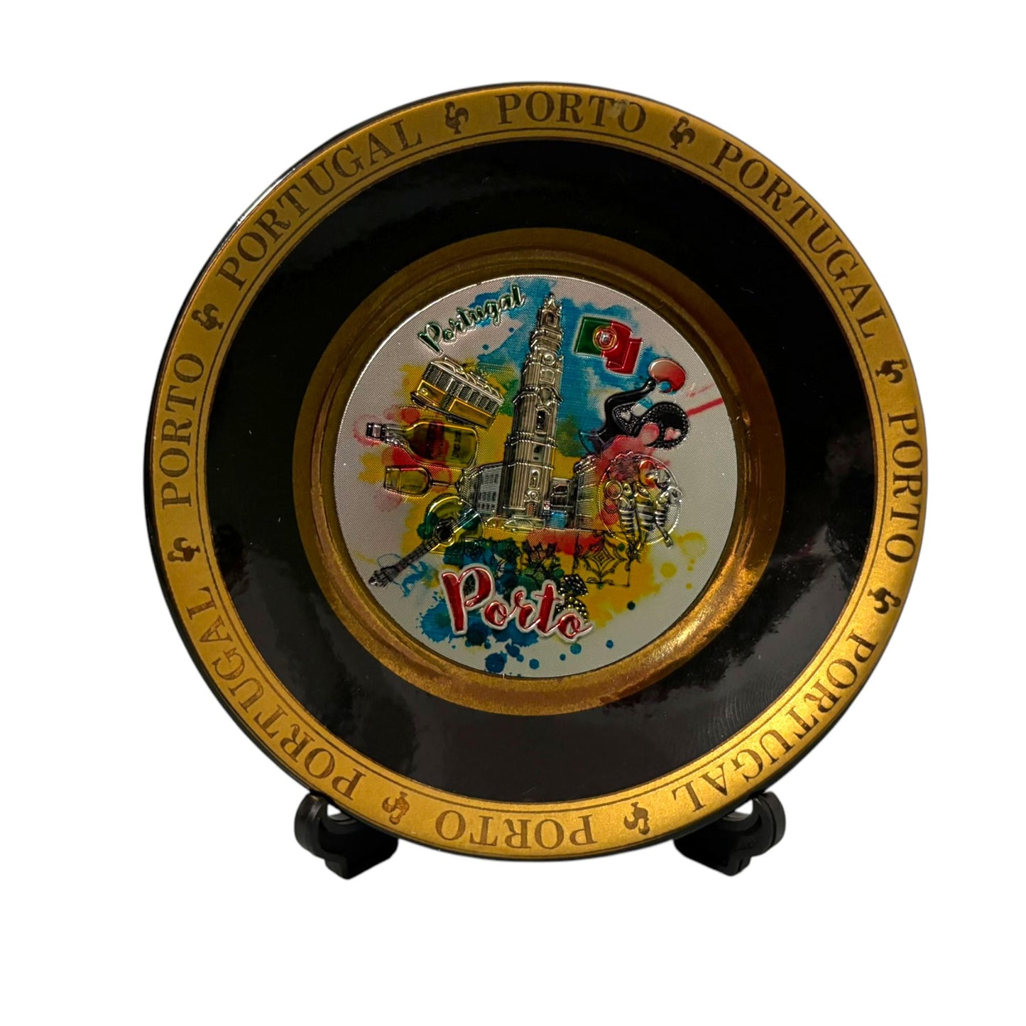 Portugal Gold Plated Ceramic Decoration Plate with Stand - Portugese Famous Monuments Kitchen Home Cafe Decoration