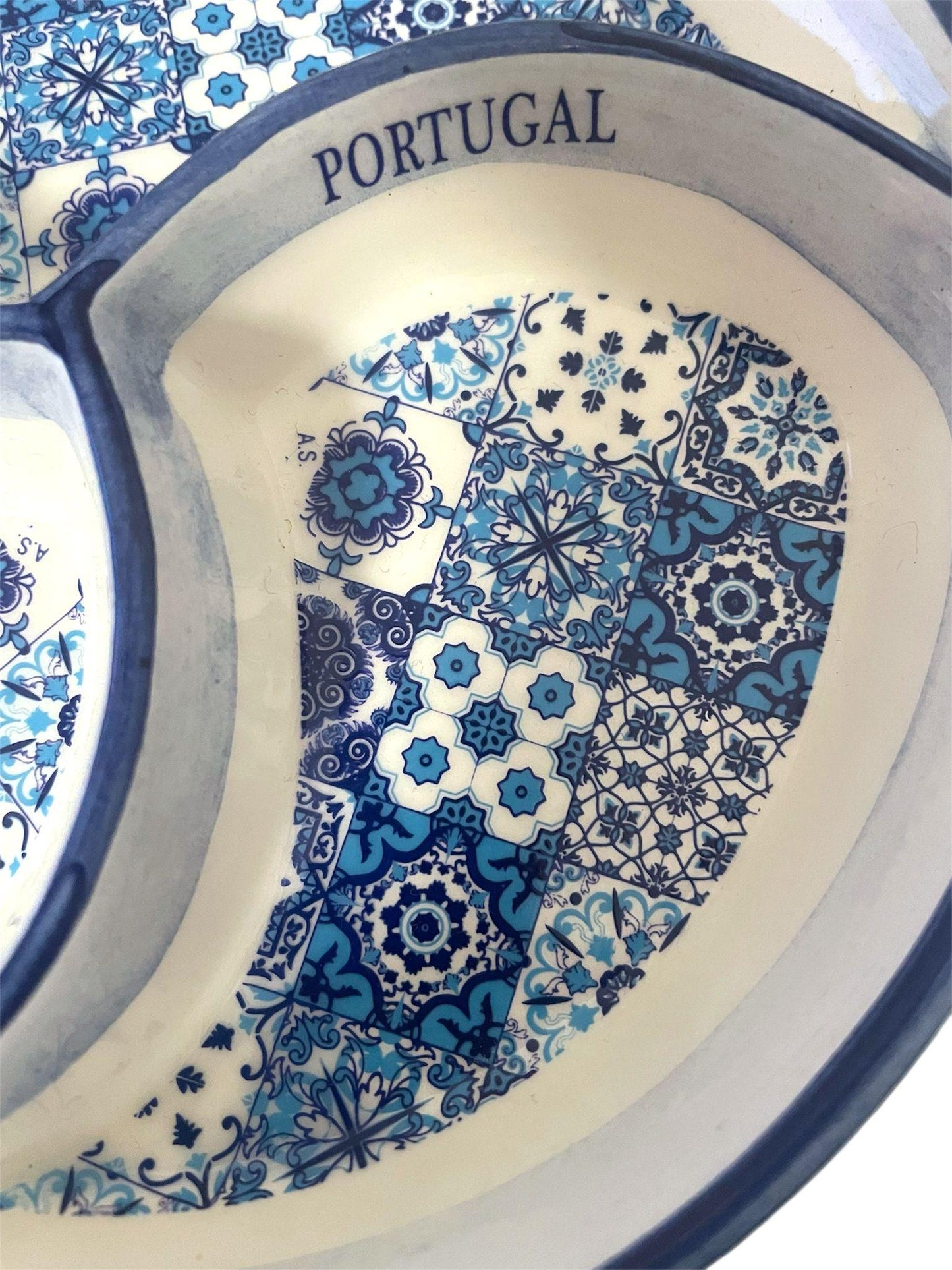 Portugal Azulejo Hand Painted Pottery 3 Part Divided Appetizer Plate Tray for Olives Sauces Salad - 6.2 Inch or 16cm