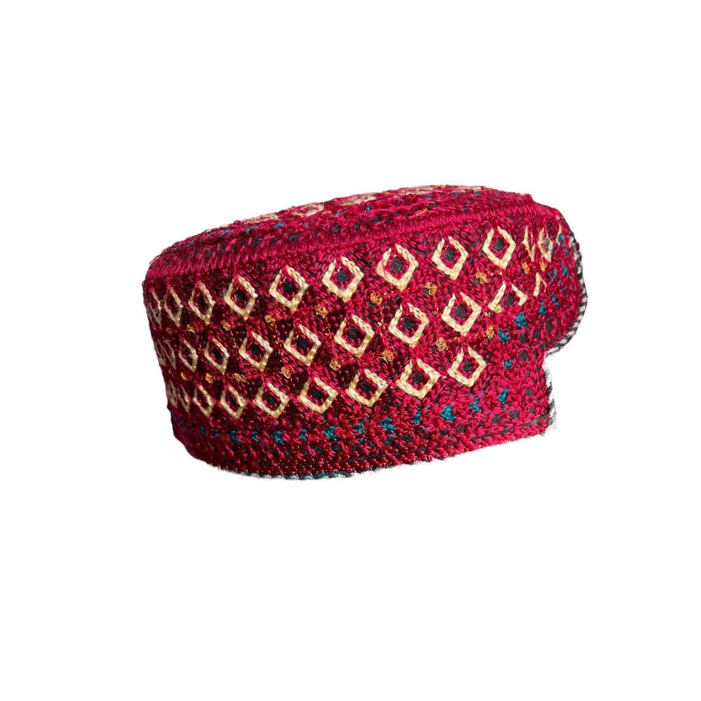 Sindhi Balochi Kufi Sufi Artist Topi - Trendy Hat - Handmade Embroidery Front Cut Cap - Diamond Gold Pattern - (55 to 57 cm)