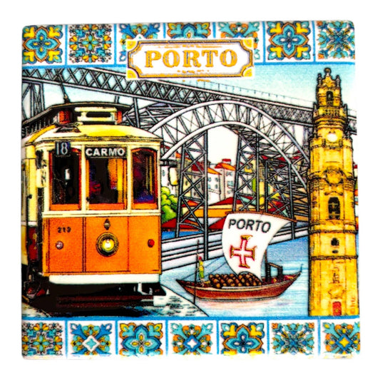 Portugal Ceramic Coasters with Cork Base Heat Resistant - Embedded Portugese Monuments & Azulejo Designs Made in Portugal (Square)