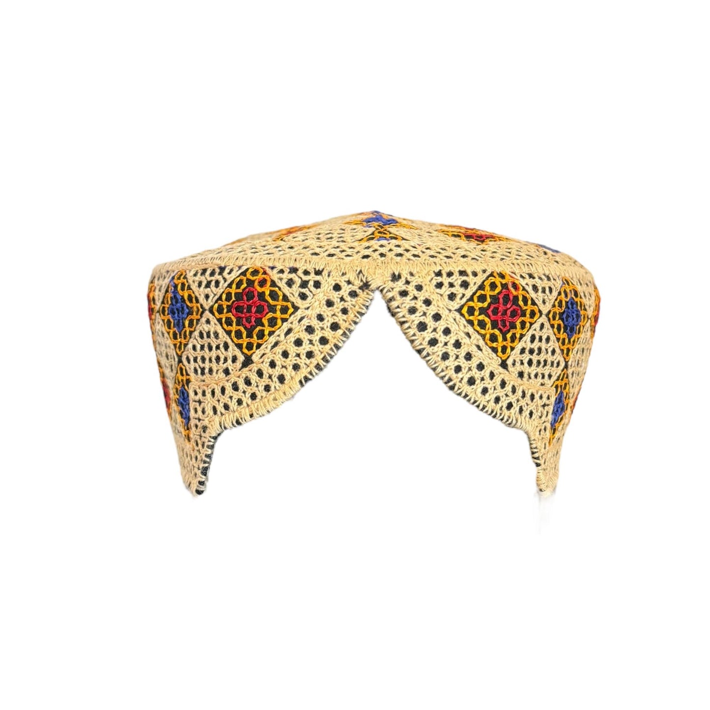Sindhi Balochi Kufi Sufi Artist Topi - Trendy Unisex Hat - Handmade Embroidery Front Cut Cap - Dice Pattern - (55 to 57 cm)