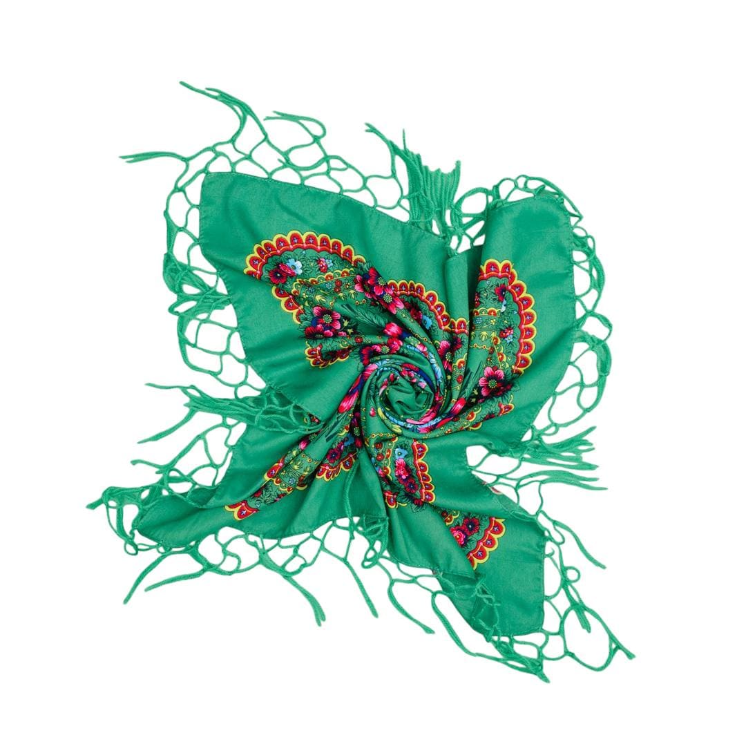 Folk Scarf with Poland Traditional Folklore Designs, Neck Headband, Fringes, Souvenir from Poland