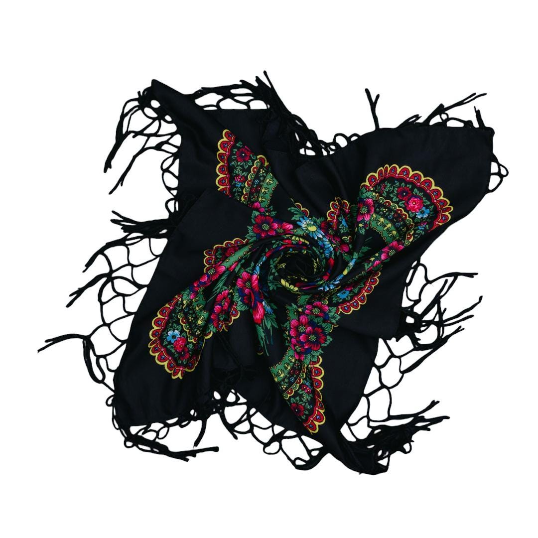 Folk Scarf with Poland Traditional Folklore Designs, Neck Headband, Fringes, Souvenir from Poland