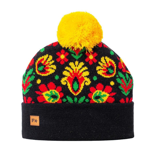 Winter Hat with Colorful Pom Pom Warm Two-Layer Floral Hat Universal Size Beanie Hat with Poland Folklore Designs