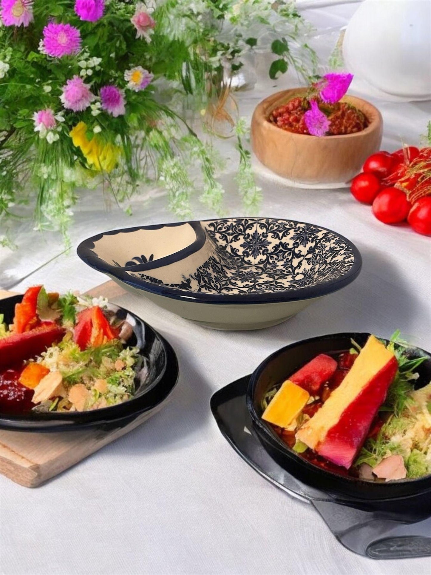 Portugal Hand Painted Pottery Olive Dish/Tray with Triangle Shape Pit Holder - Ceramic Dish Plate Tray for Olives Sauces Salad