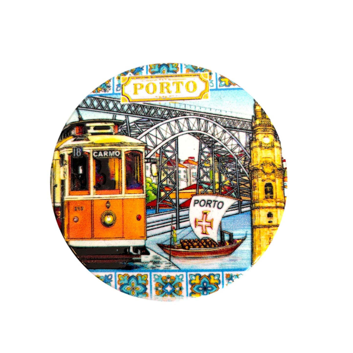 Portugal Ceramic Coasters with Cork Base Heat Resistant - Embedded Portugese Monuments & Azulejo Designs  Made in Portugal (Round)