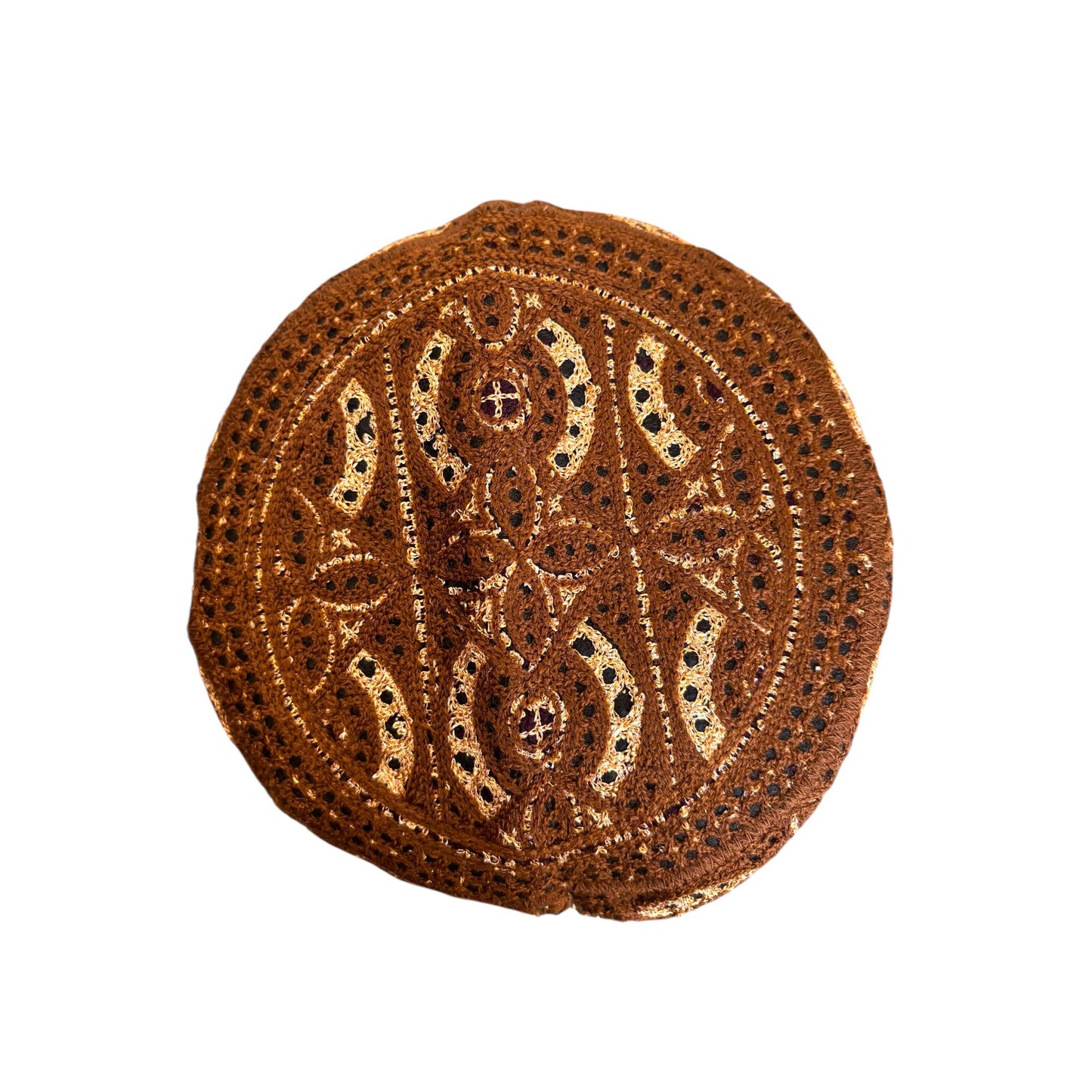 Sindhi Kufi Sufi Artist Topi - Trendy Unisex Hat - Handmade Embroidery Front Cut Cap - Golden Arch Pattern - (55 to 58 cm)