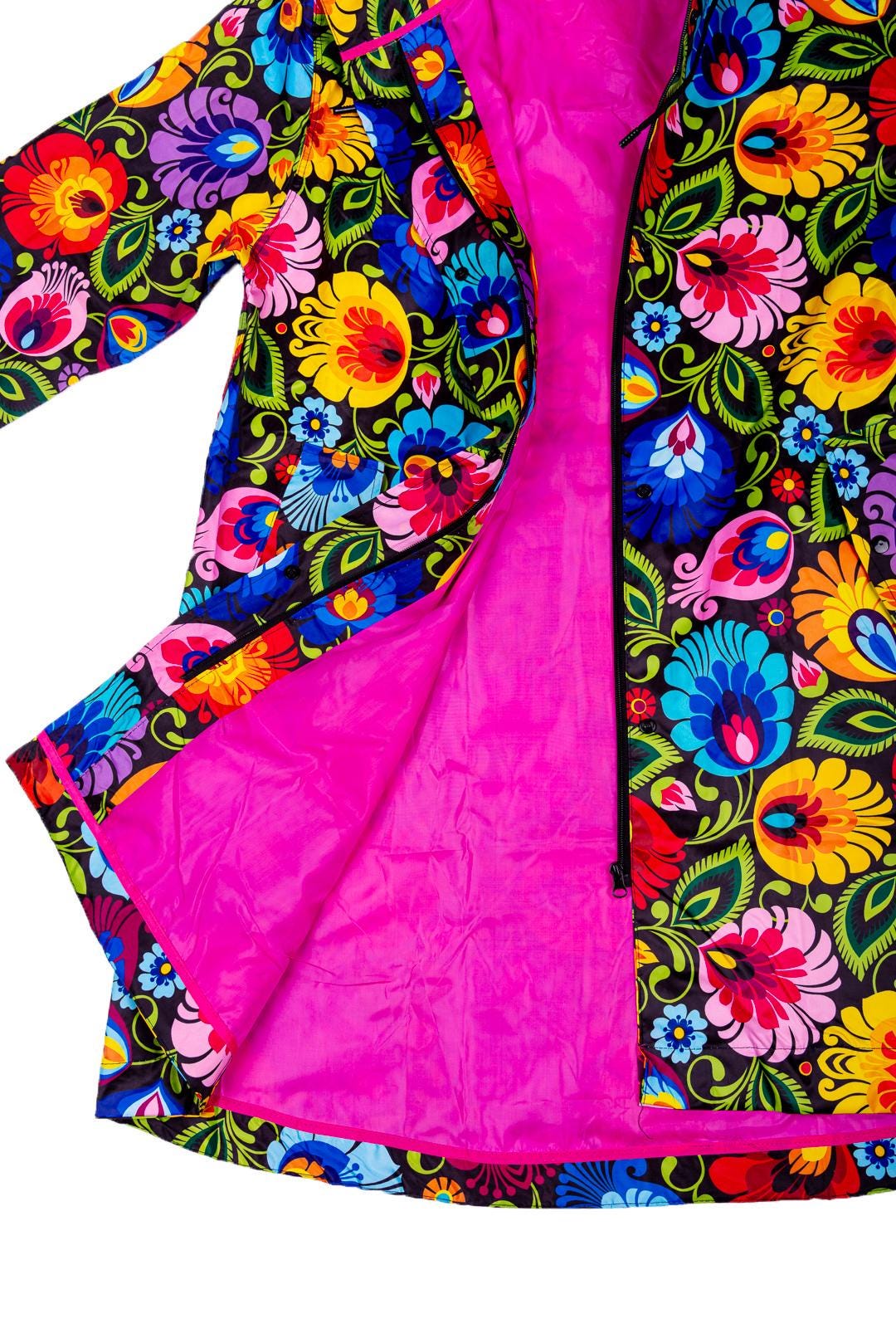 Floral Raincoat with Hoodie, Waterproof, Windproof, Snow Proof, Packed in Bag with Poland Folk Designs