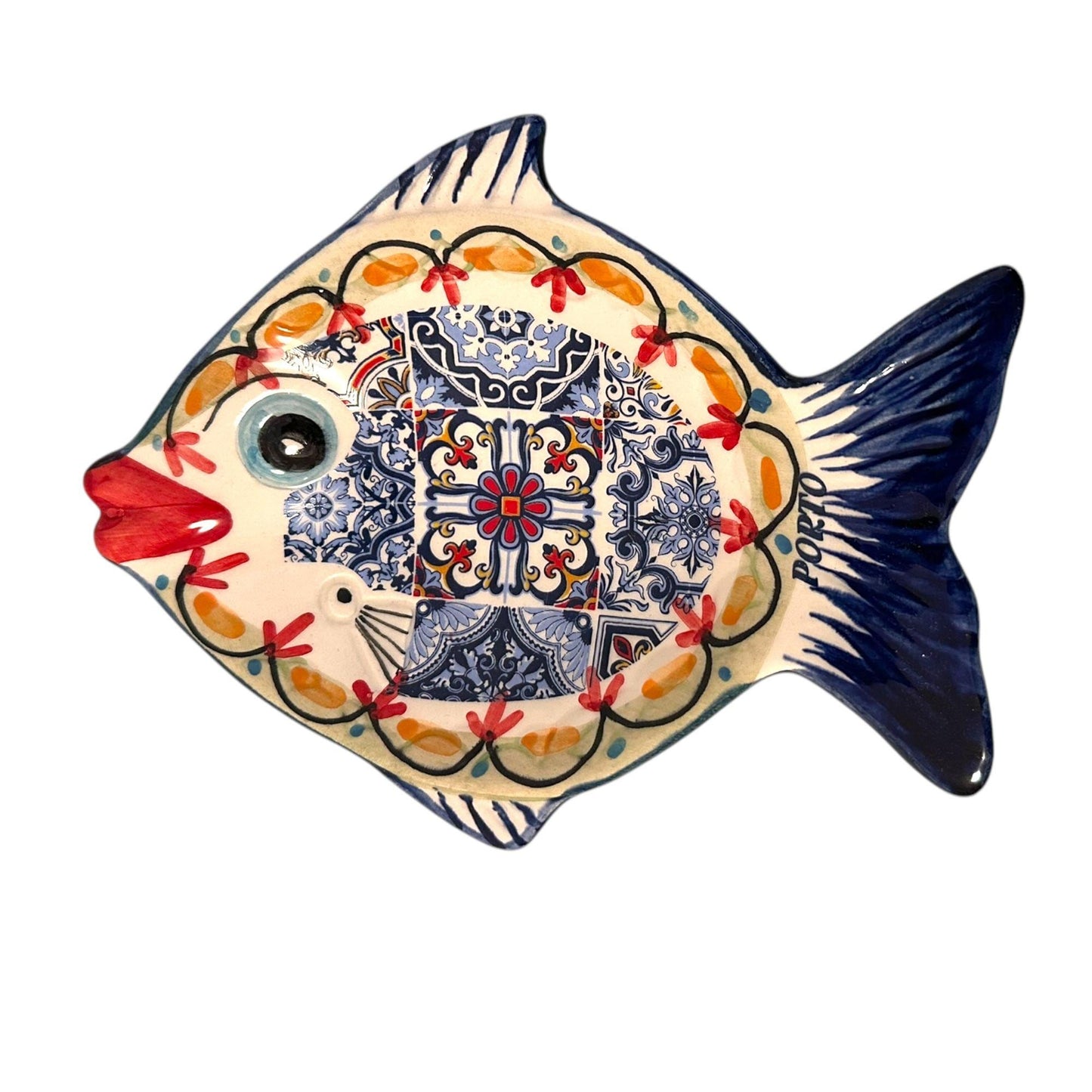 Portugal Hand Painted Azulejos Gold Fish Tray Wall Hanging Decoration - Portugese Pottery Tray for Appetizers Humus Olives Sauces