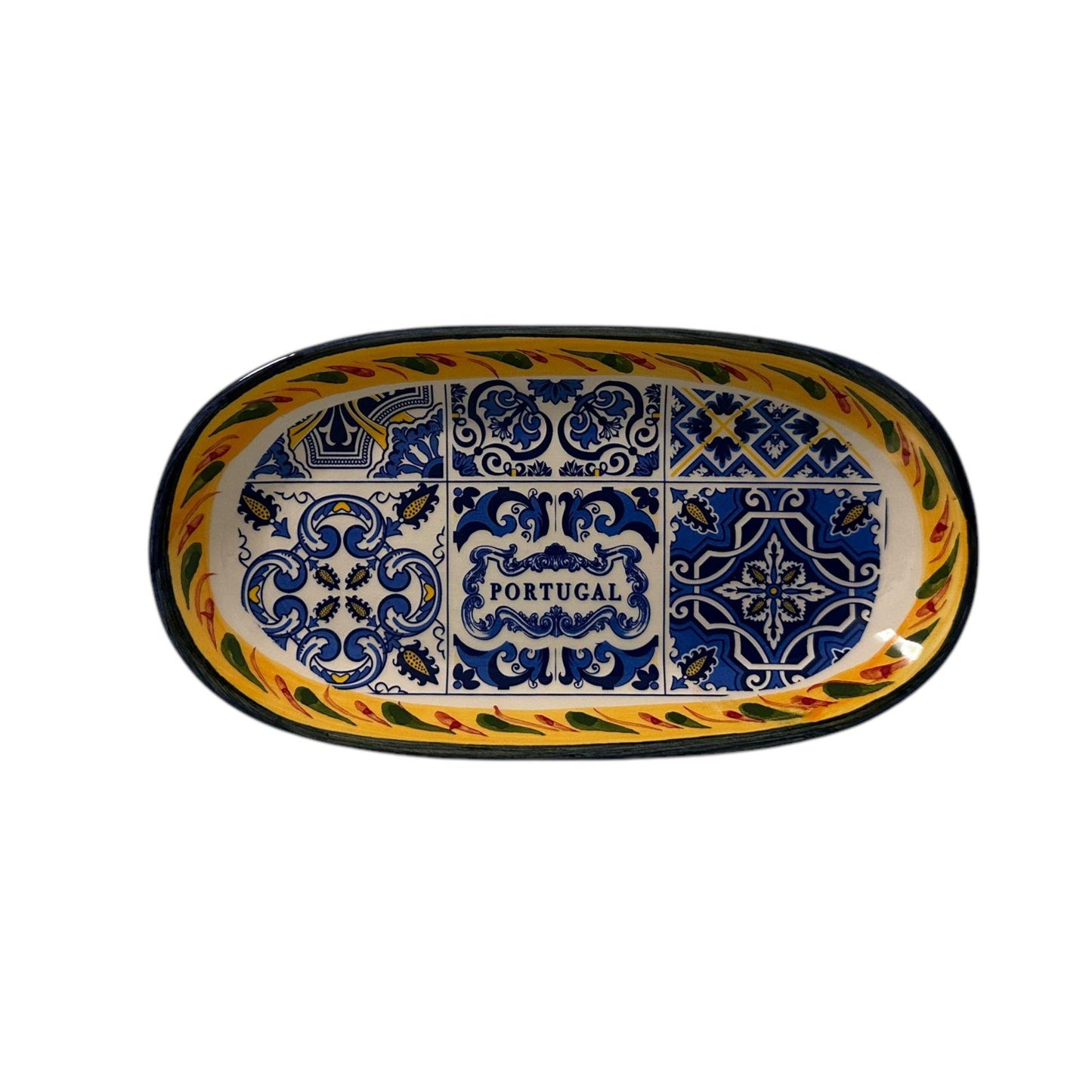 Portugal Hand Painted Pottery Round Shape 7 x 3.7 Inches - Ceramic Serving Tray for Olives Sauces Beautiful Gift Made In Portugal