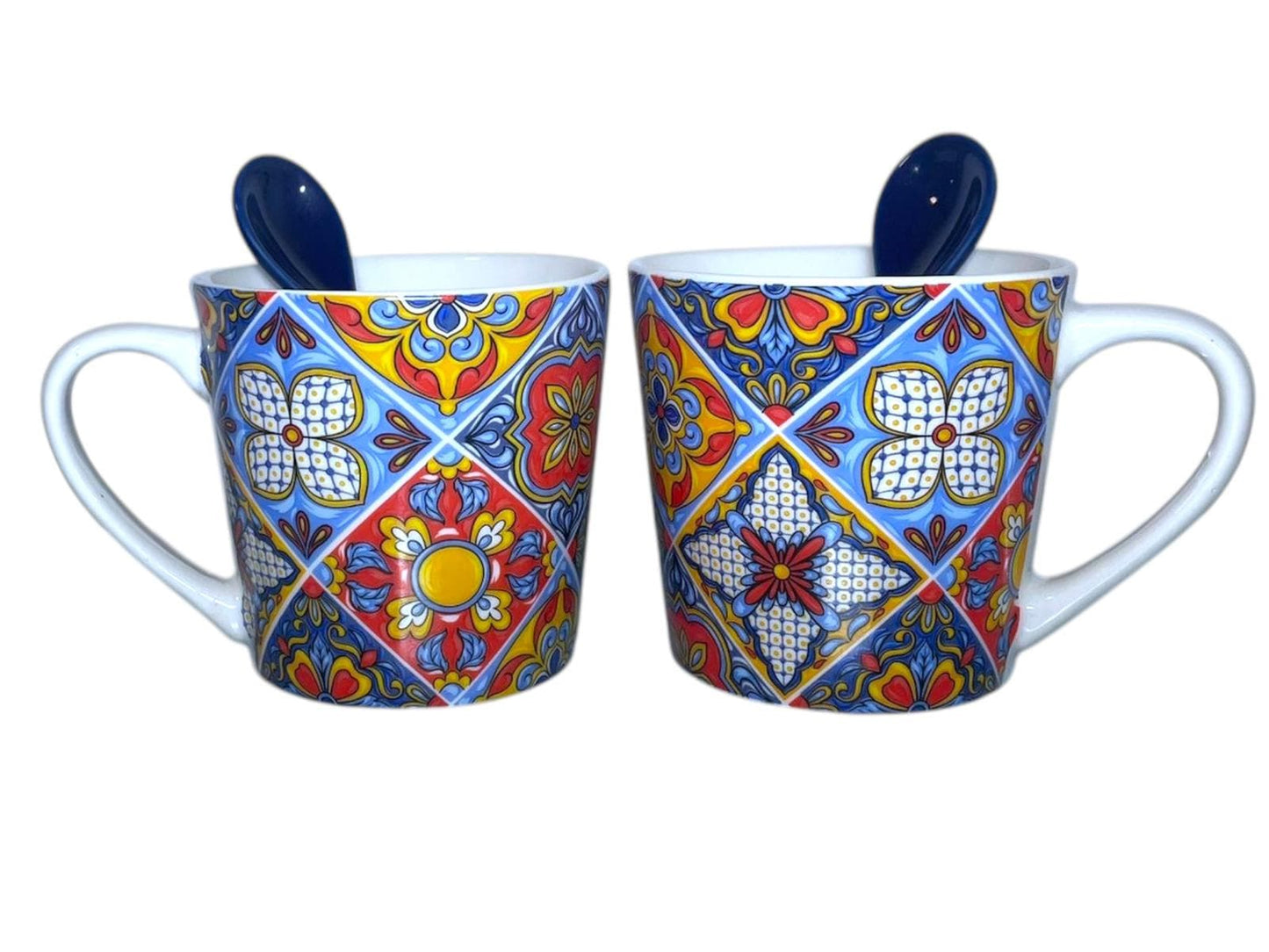 Portugal Azulejos Hand Painted Espresso Set of 2 Big Cups with Spoons in Gift Box Portugese Pottery Beautiful Gift from Portugal