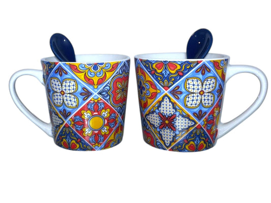 Portugal Azulejos Hand Painted Espresso Set of 2 Big Cups with Spoons in Gift Box Portugese Pottery Beautiful Gift from Portugal
