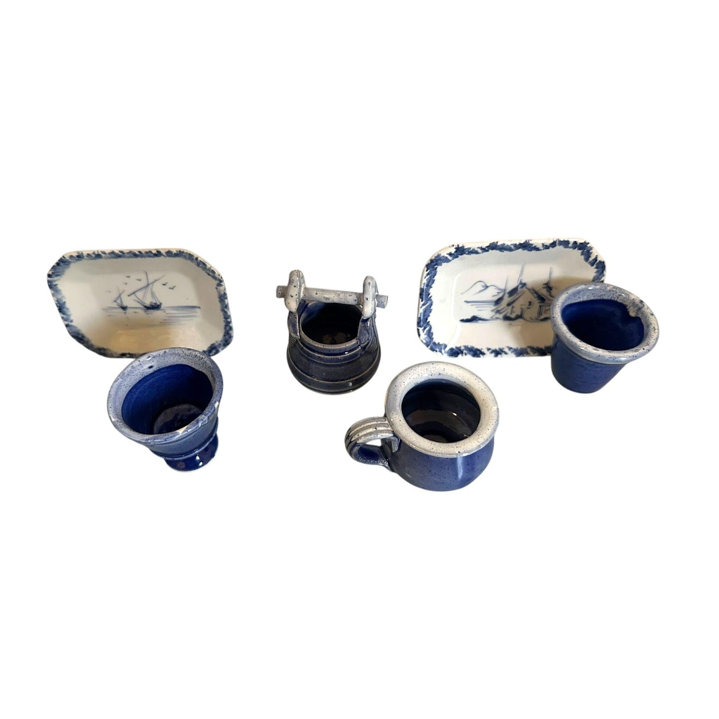 Ancient Portugese Blue Miniature Mini Pottery Set of 10 pcs with 2 Mini Trays for Home, Cafe or Restaurant Wall or Cabinet Decoration Only