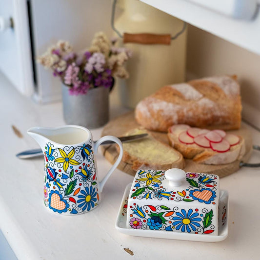 Polish Floral Porcelain Butter Dish: Folk Art Kitchen Decor from Poland