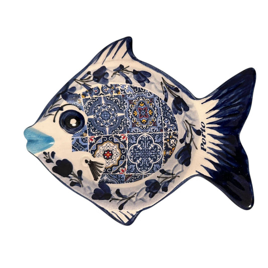 Portugal Hand Painted Azulejos Gold Fish Tray Wall Hanging Decoration - Portugese Pottery Tray for Appetizers Humus Olives Sauces