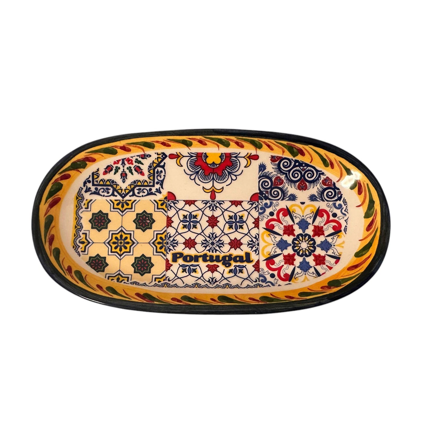 Portugal Hand Painted Pottery Round Shape 7 x 3.7 Inches - Ceramic Serving Tray for Olives Sauces Beautiful Gift Made In Portugal