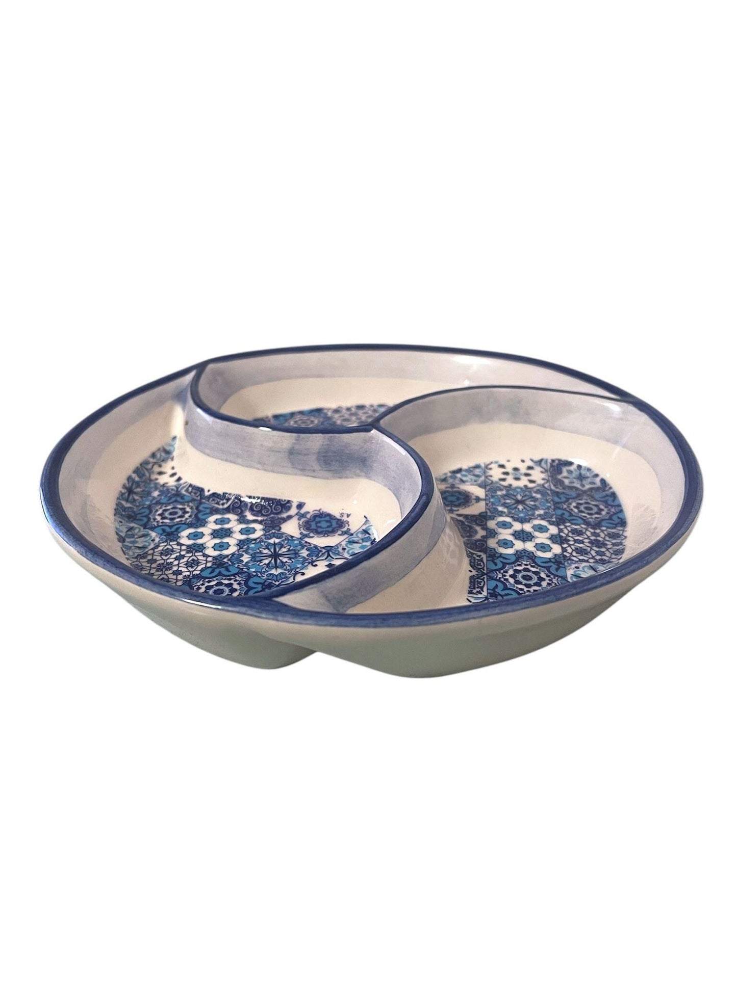 Portugal Azulejo Hand Painted Pottery 3 Part Divided Appetizer Plate Tray for Olives Sauces Salad - 6.2 Inch or 16cm