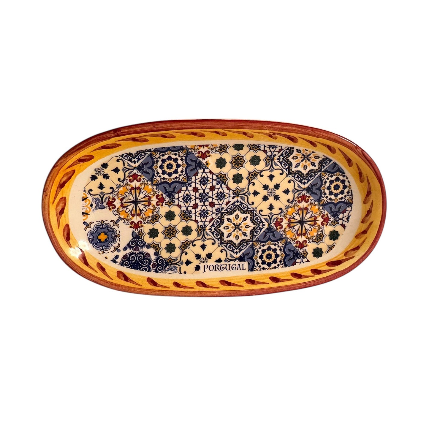Portugal Hand Painted Pottery Round Shape 7 x 3.7 Inches - Ceramic Serving Tray for Olives Sauces Beautiful Gift Made In Portugal