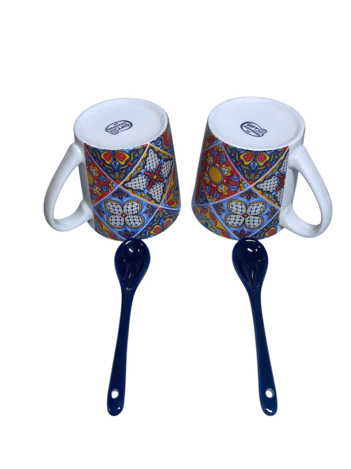 Portugal Azulejos Hand Painted Espresso Set of 2 Big Cups with Spoons in Gift Box Portugese Pottery Beautiful Gift from Portugal