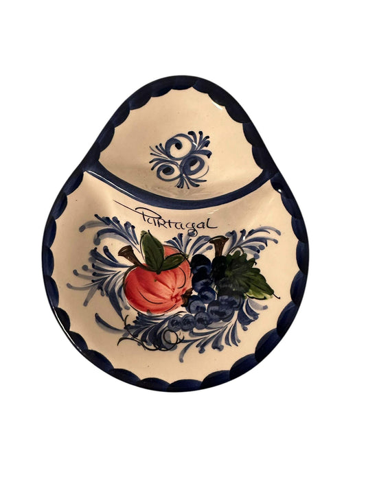Portugal Hand Painted Pottery Olive Dish/Tray with Triangle Shape Pit Holder - Ceramic Dish Plate Tray for Olives Sauces Salad
