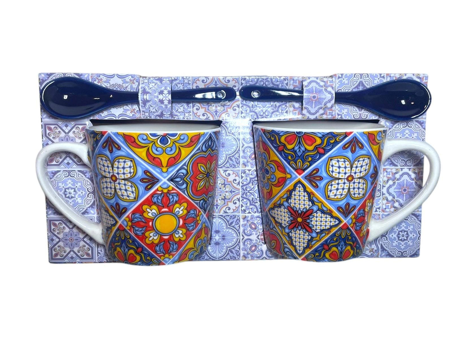 Portugal Azulejos Hand Painted Espresso Set of 2 Big Cups with Spoons in Gift Box Portugese Pottery Beautiful Gift from Portugal