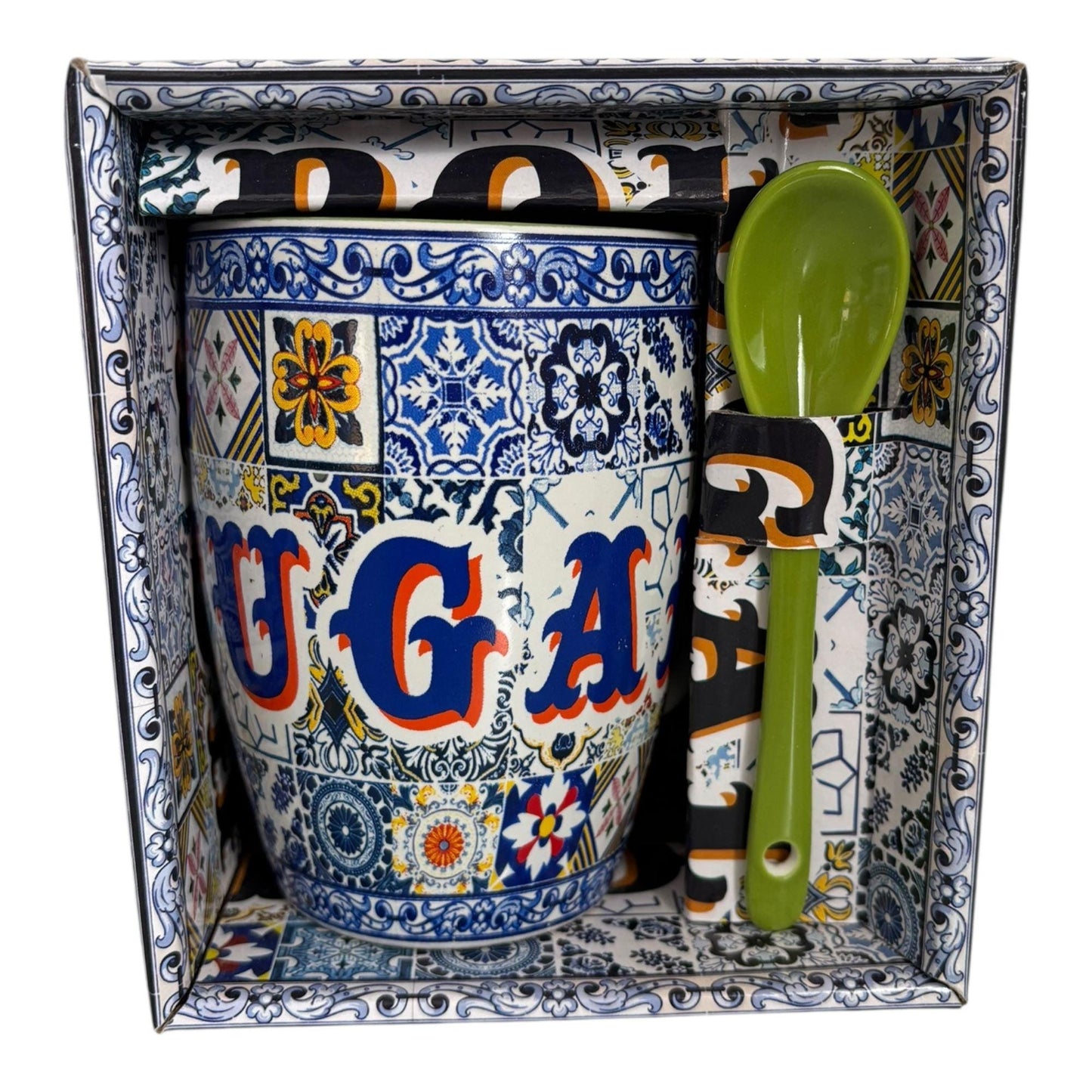 Portugal Azulejo Cup Tea Mug with Spoon in Colorful Azulejo Cardboard Packing - Beautiful Gift from Portugal