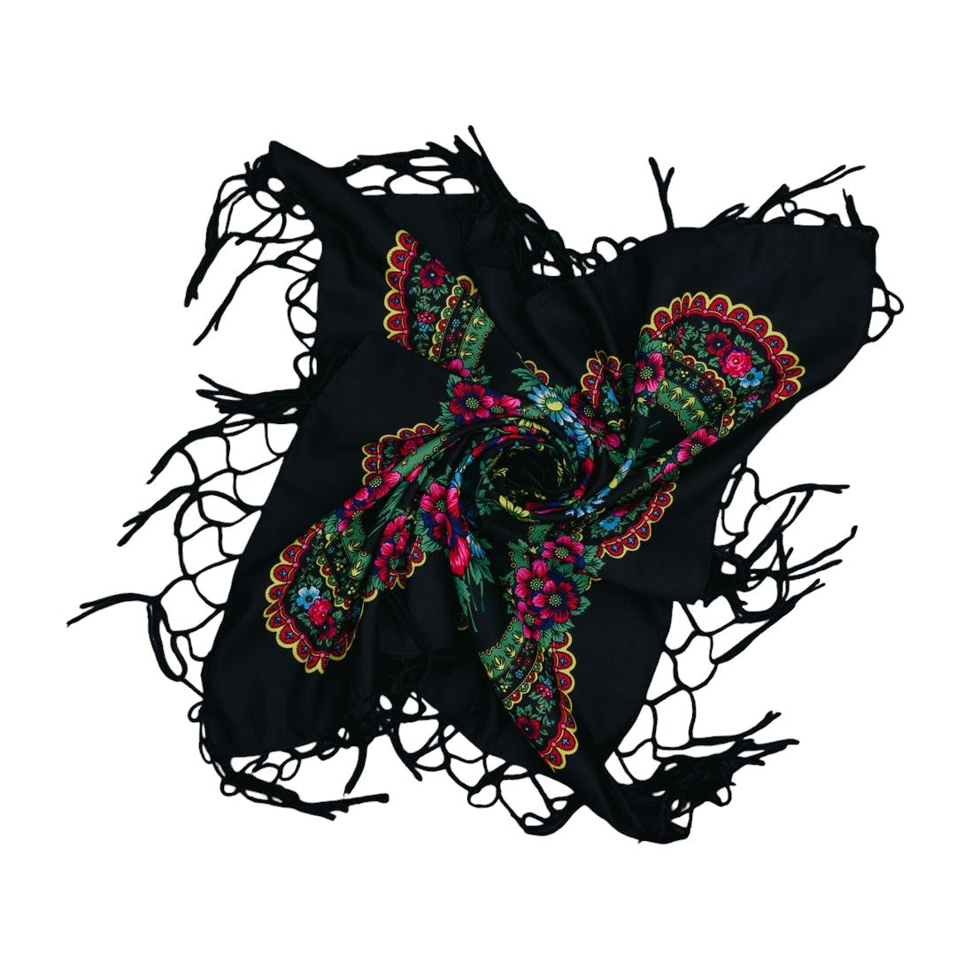 Folk Scarf with Poland Traditional Folklore Designs, Neck Headband, Fringes, Souvenir from Poland
