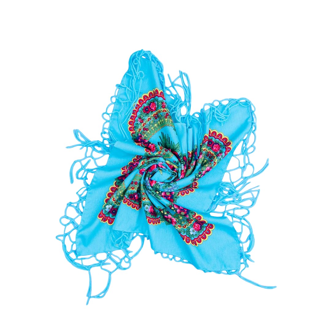 Folk Scarf with Poland Traditional Folklore Designs, Neck Headband, Fringes, Souvenir from Poland