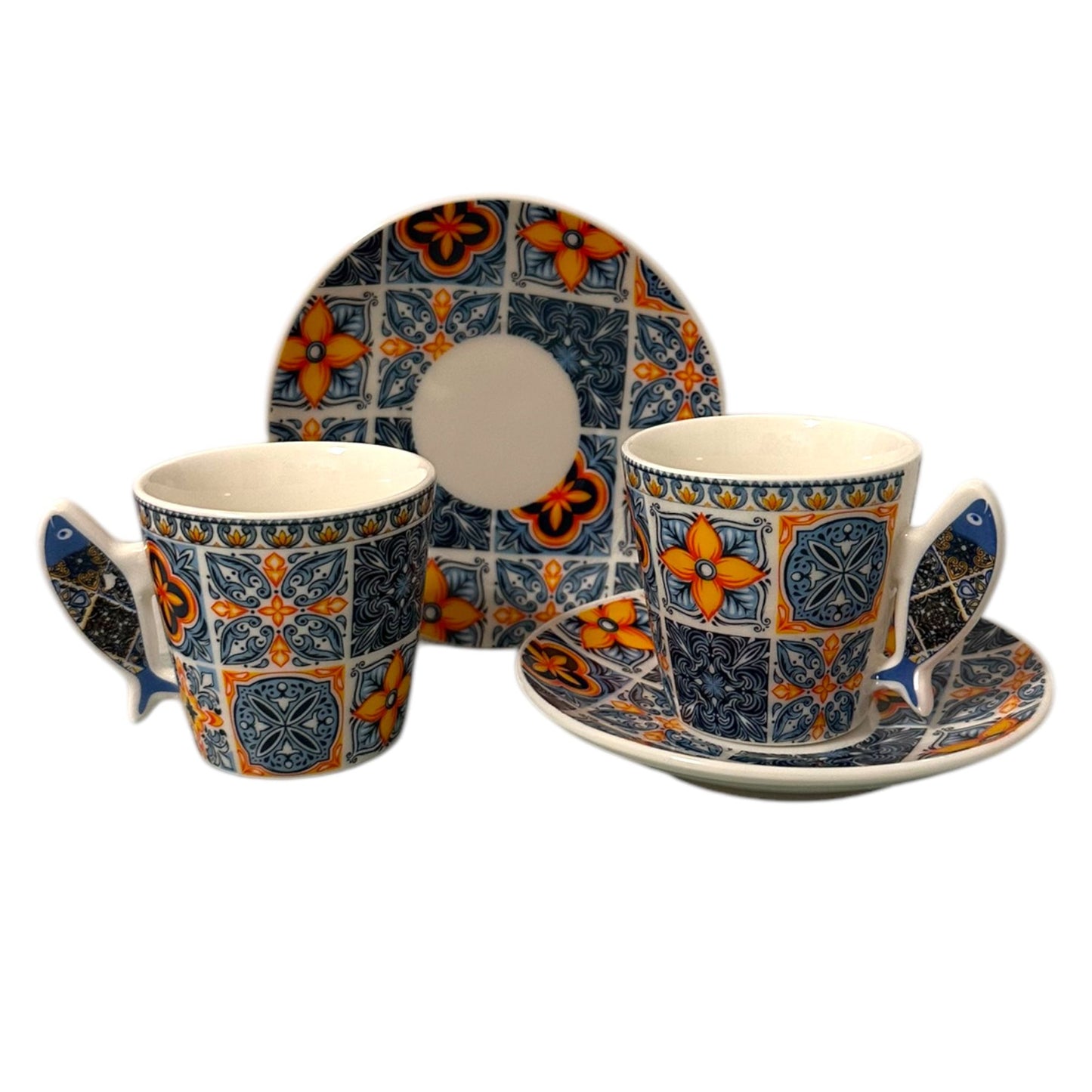 Portugal Azulejos Hand Painted Espresso Set of 2 Cups with Saucer , Tea Coffee Espresso Cups In Gift Box Beautiful Gift from Portugal