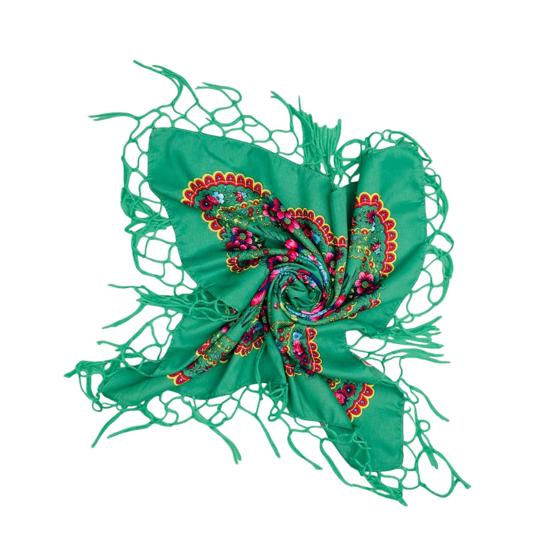 Folk Scarf with Poland Traditional Folklore Designs, Neck Headband, Fringes, Souvenir from Poland