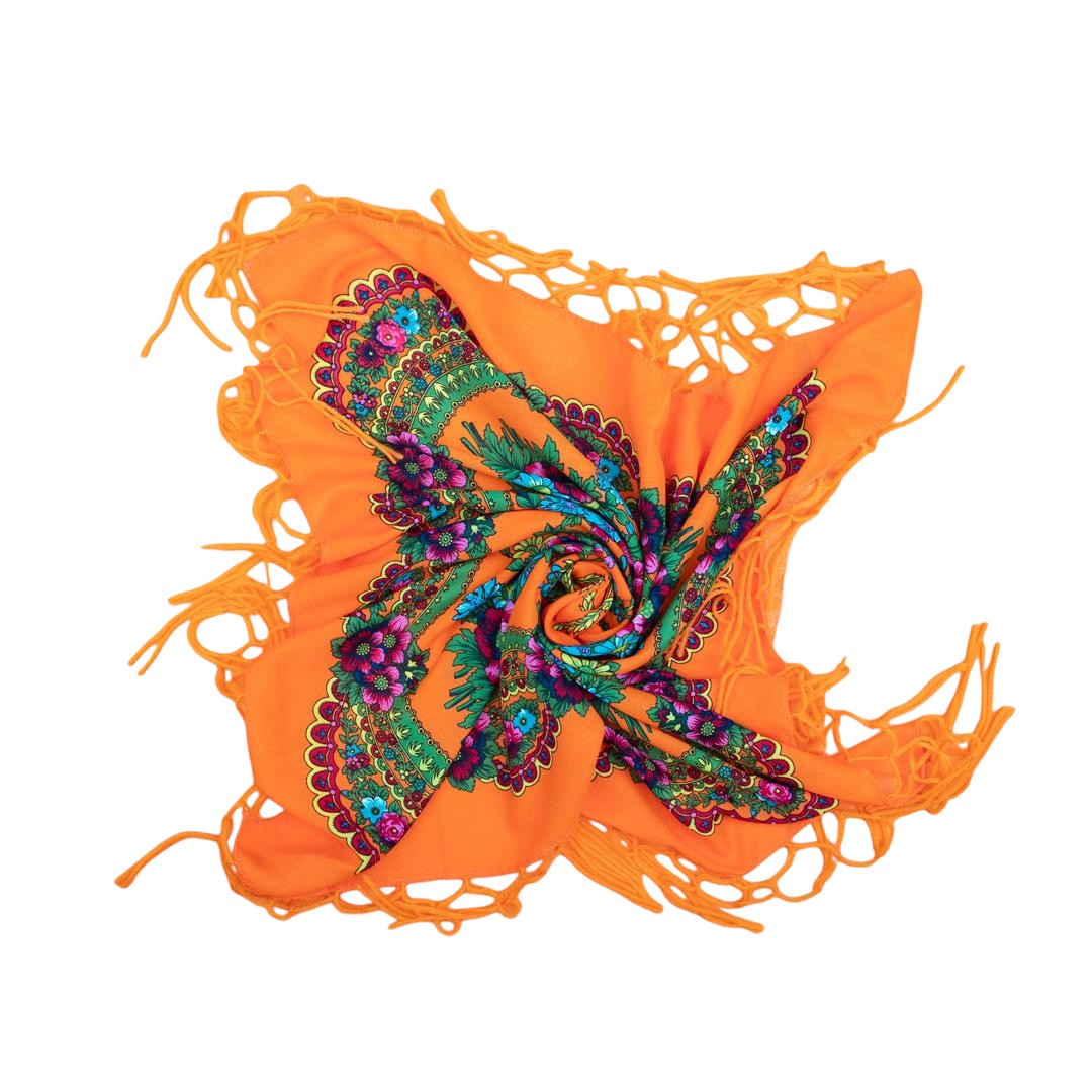 Folk Scarf with Poland Traditional Folklore Designs, Neck Headband, Fringes, Souvenir from Poland