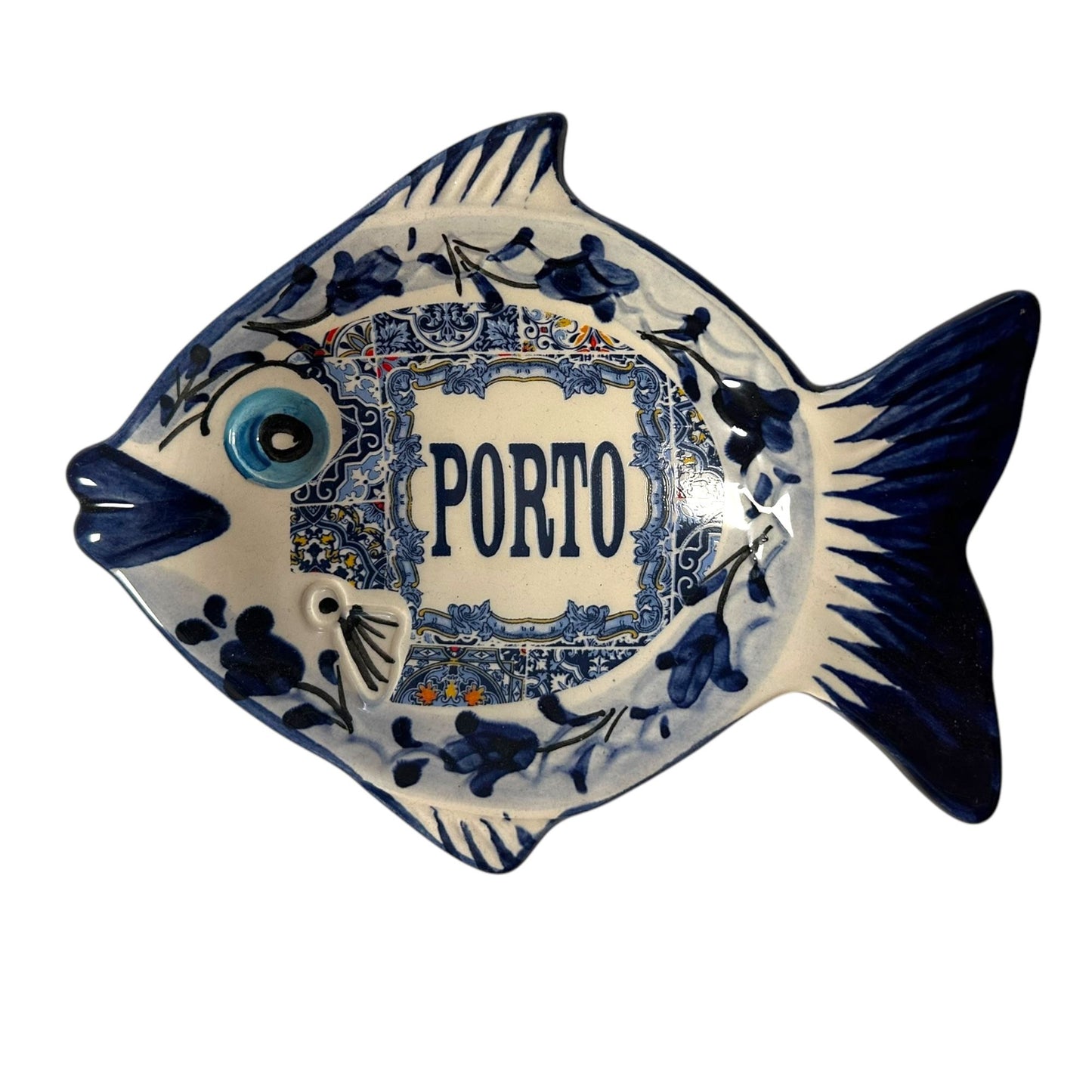 Portugal Hand Painted Azulejos Gold Fish Tray Wall Hanging Decoration - Portugese Pottery Tray for Appetizers Humus Olives Sauces