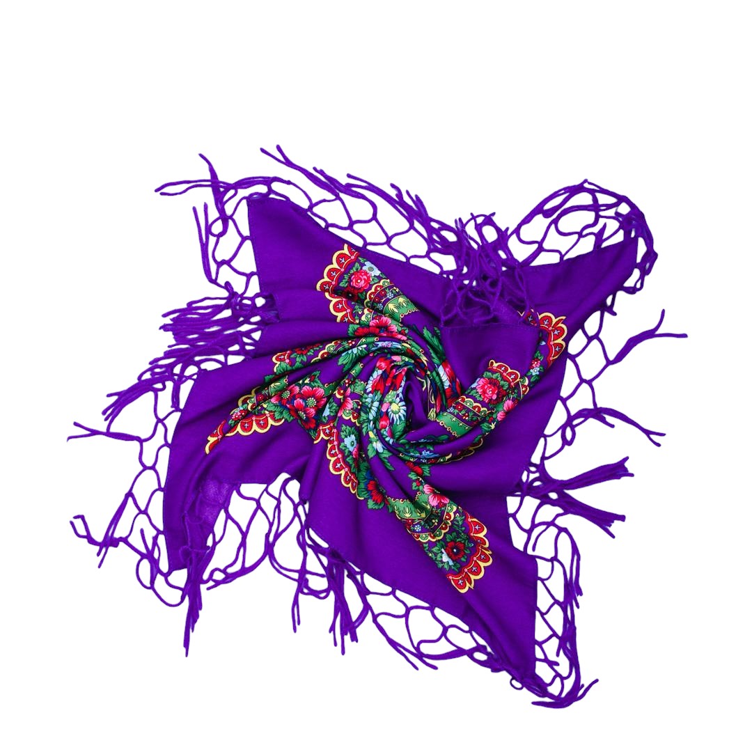 Folk Scarf with Poland Traditional Folklore Designs, Neck Headband, Fringes, Souvenir from Poland