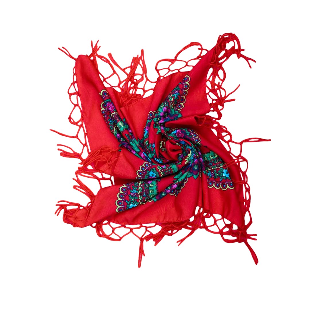 Folk Scarf with Poland Traditional Folklore Designs, Neck Headband, Fringes, Souvenir from Poland