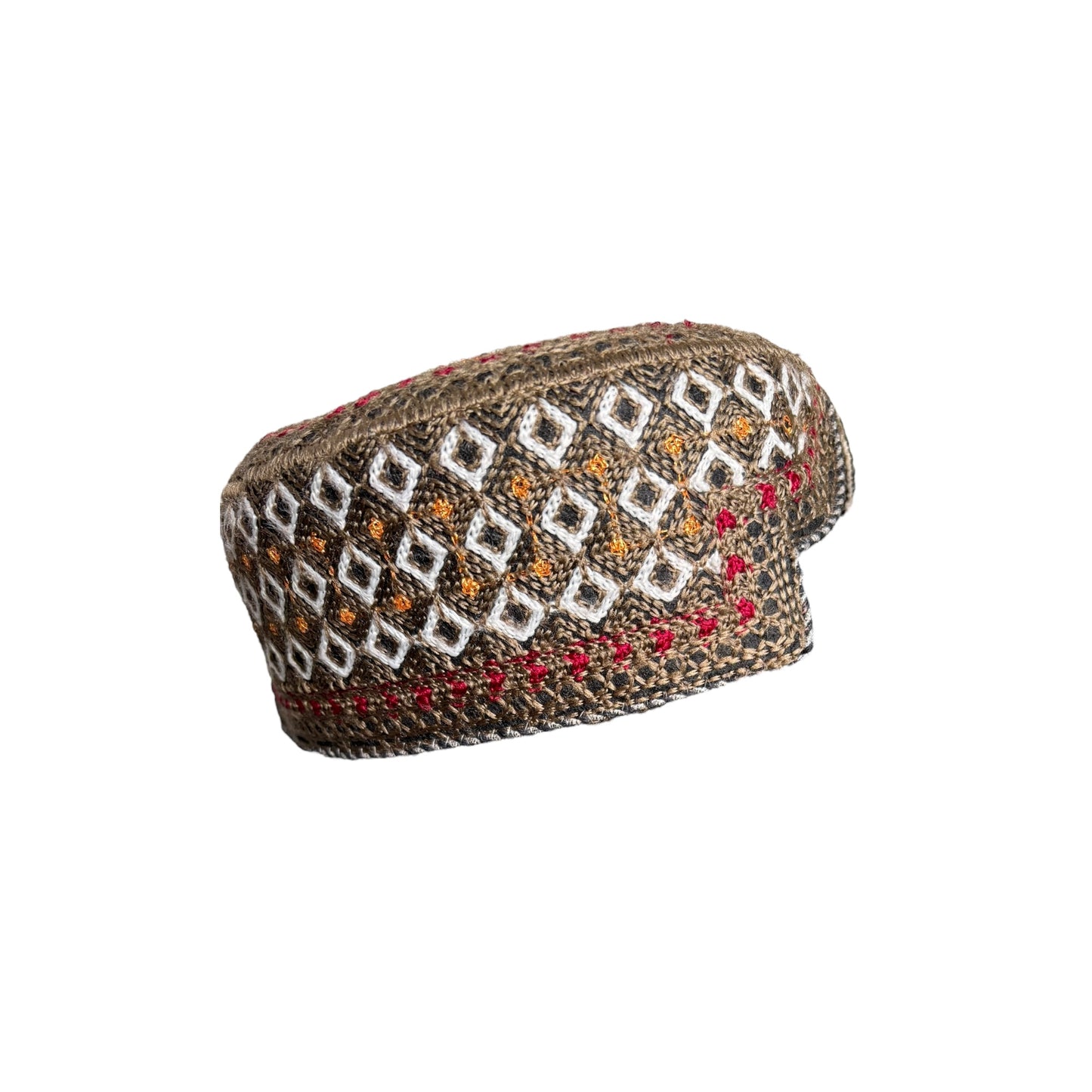 Sindhi Balochi Kufi Sufi Artist Topi - Trendy Hat - Handmade Embroidery Front Cut Cap - Diamond Gold Pattern - (55 to 57 cm)