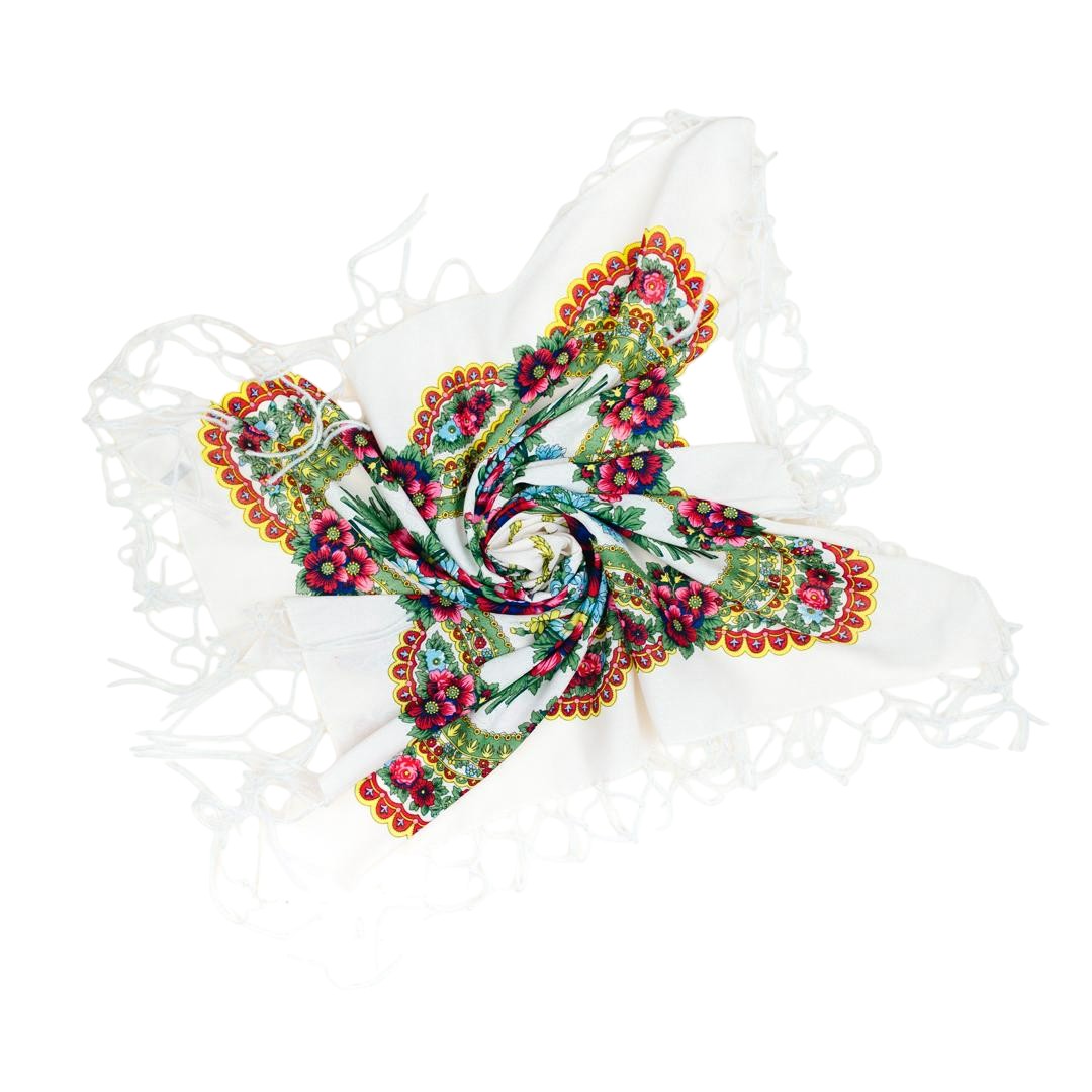 Folk Scarf with Poland Traditional Folklore Designs, Neck Headband, Fringes, Souvenir from Poland