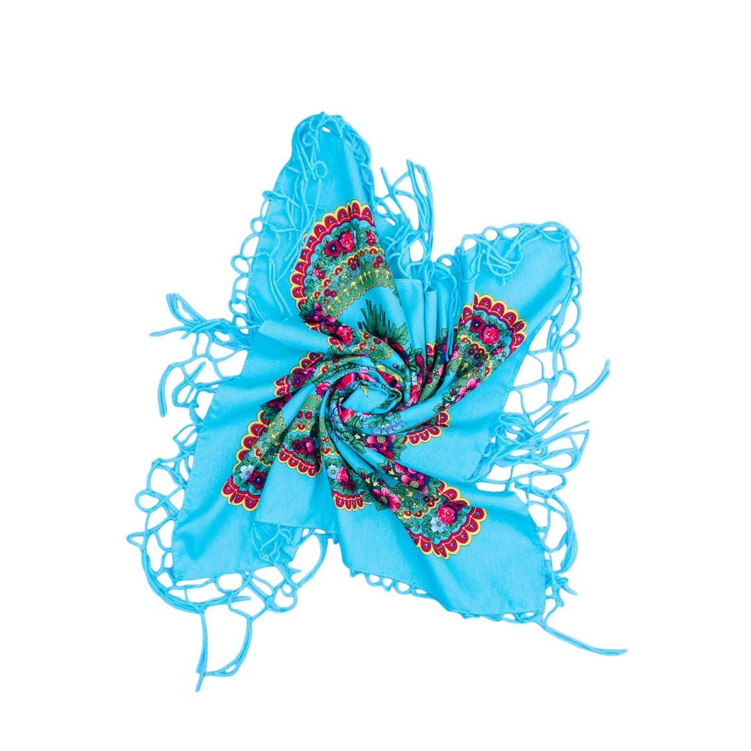 Folk Scarf with Poland Traditional Folklore Designs, Neck Headband, Fringes, Souvenir from Poland
