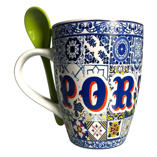 Portugal Azulejo Cup Tea Mug with Spoon in Colorful Azulejo Cardboard Packing - Beautiful Gift from Portugal