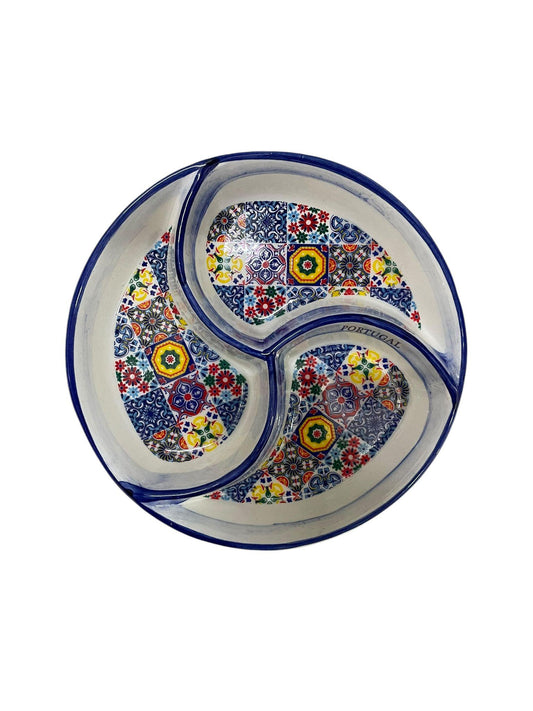 Portugal Azulejo Hand Painted Pottery 3 Part Divided Appetizer Plate Tray for Olives Sauces Salad - 6.2 Inch or 16cm