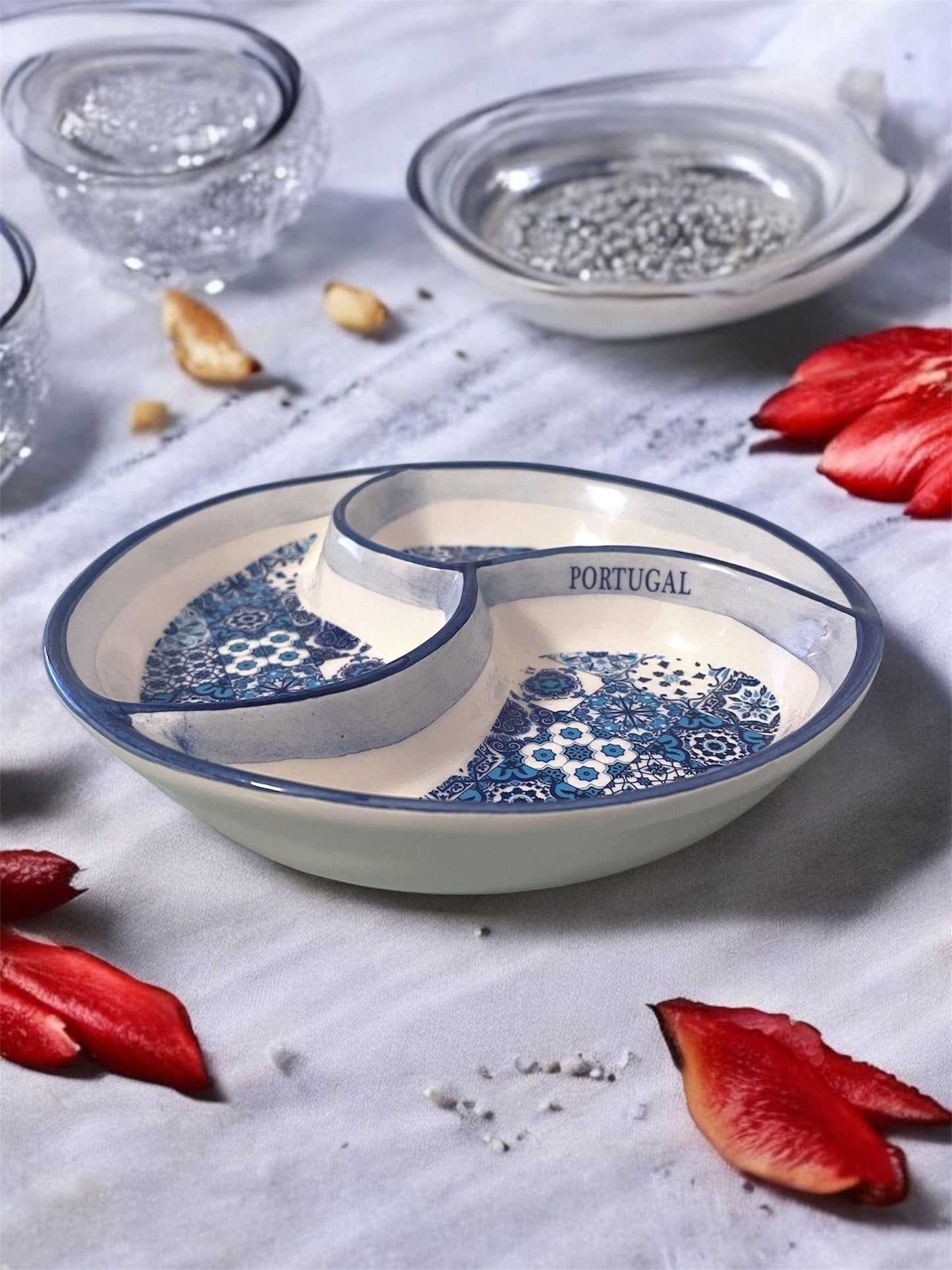 Portugal Azulejo Hand Painted Pottery 3 Part Divided Appetizer Plate Tray for Olives Sauces Salad - 6.2 Inch or 16cm