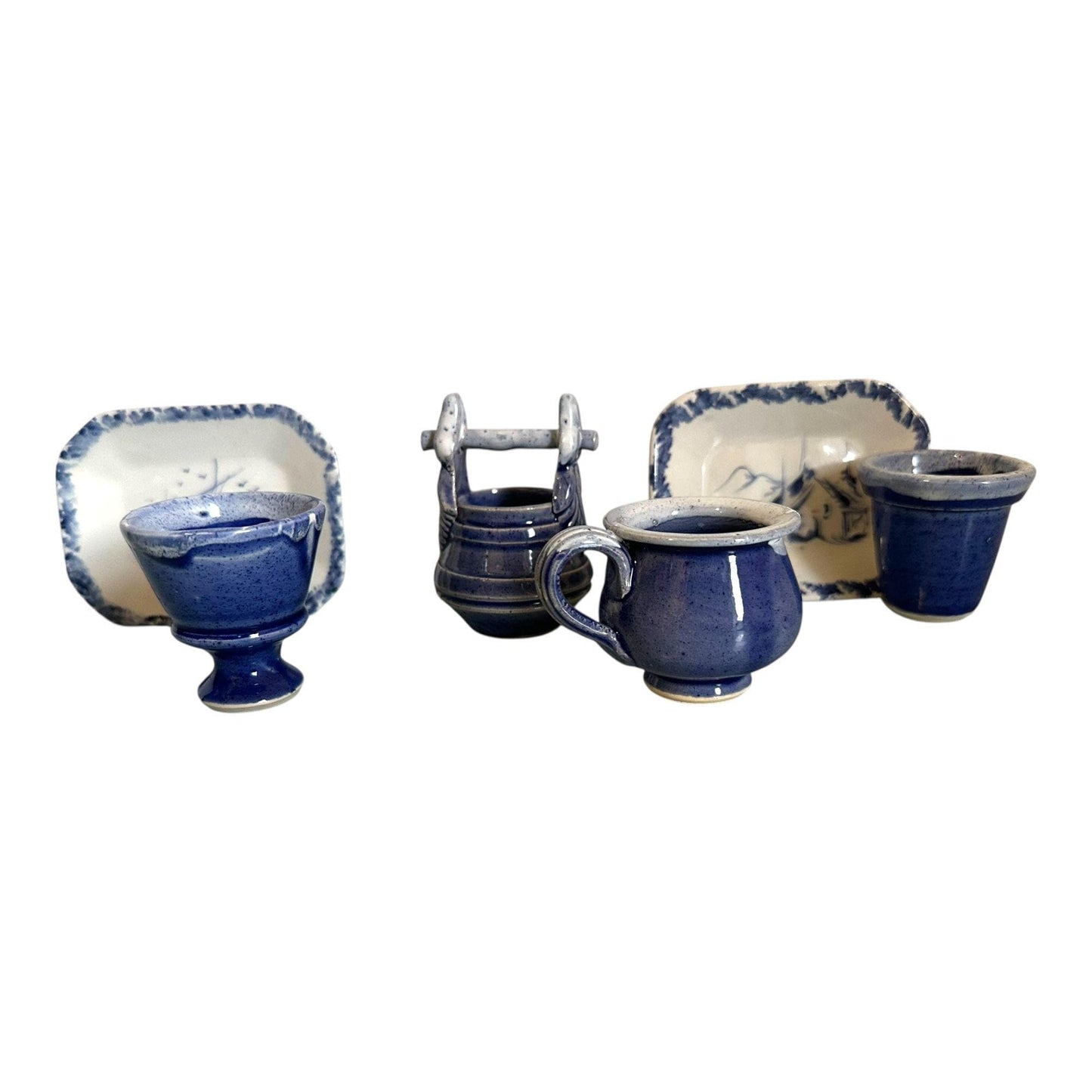 Ancient Portugese Blue Miniature Mini Pottery Set of 10 pcs with 2 Mini Trays for Home, Cafe or Restaurant Wall or Cabinet Decoration Only