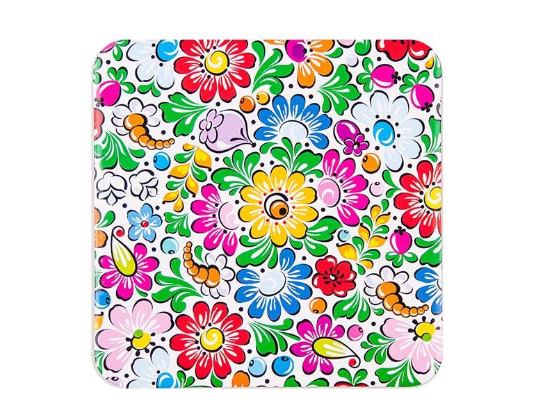 Floral Cork Pads Tea Coffee Coasters with Poland Folk Art Designs Table Decorations from Poland - Set of 4