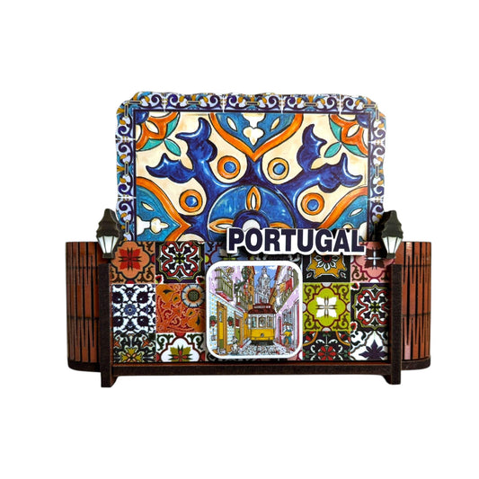 Wooden Coffee Tea Coaster with Cute Stand - Beautiful Azulejo Designs & Monuments of Porto Portugal - Souvenir Gift from Portugal (Set of 6)