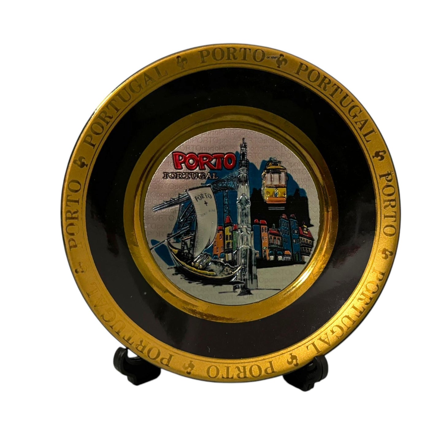 Portugal Gold Plated Ceramic Decoration Plate with Stand - Portugese Famous Monuments Kitchen Home Cafe Decoration