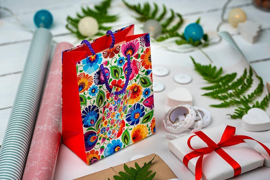 Paper Gift Bags with Small Greeting Card with Polish Folk Art Designs , Shopping Bags for Parties, Memorable Tourist Gift
