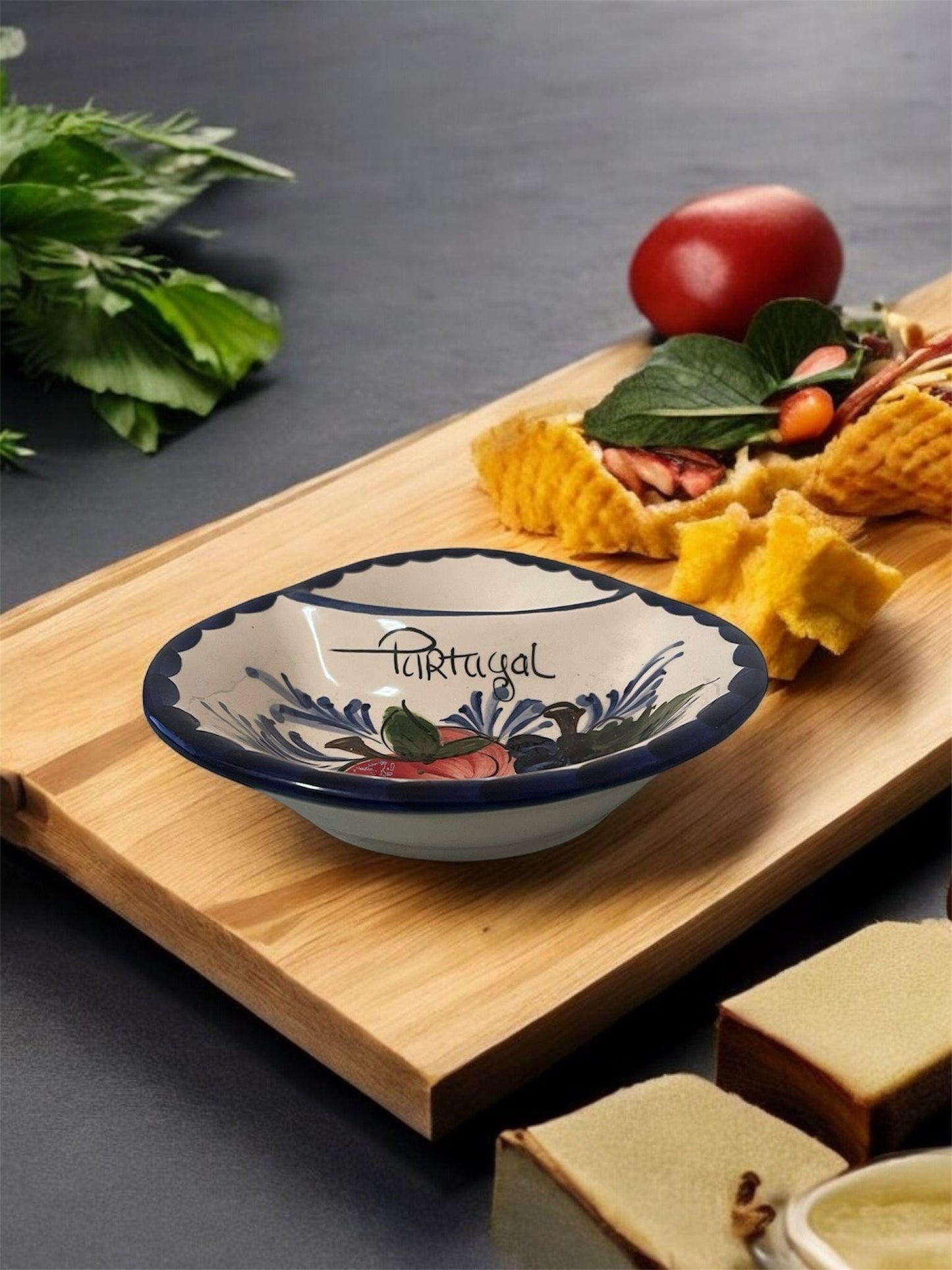 Portugal Hand Painted Pottery Olive Dish/Tray with Triangle Shape Pit Holder - Ceramic Dish Plate Tray for Olives Sauces Salad