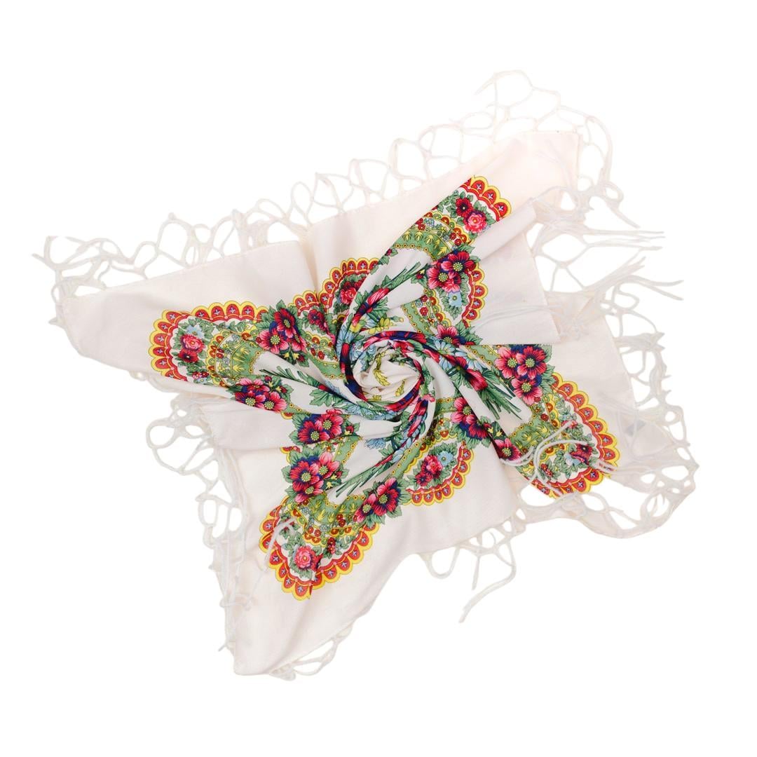 Folk Scarf with Poland Traditional Folklore Designs, Neck Headband, Fringes, Souvenir from Poland